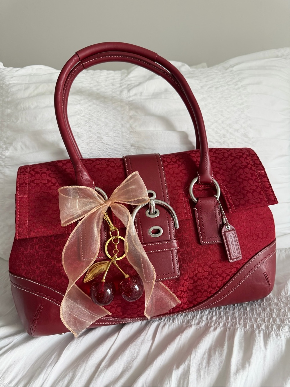 Vintage Coach Red Jacquard Canvas Soho Flap Tote